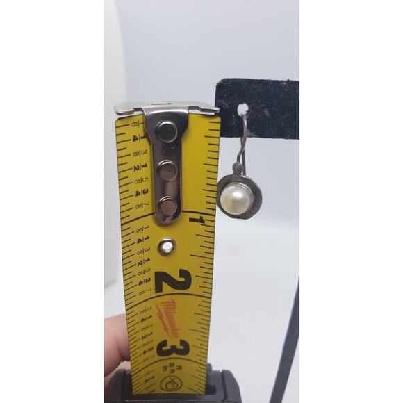 Vintage Earrings Sterling Silver 925 Israel Cultured Pearl Hand Hammered Long - Picture 7 of 8